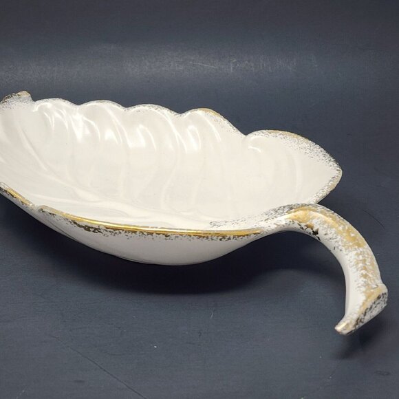 California Pottery Ceramic White Leaf Dish Bowl With Gold Trim Vintage 15" MCM - Picture 10 of 10